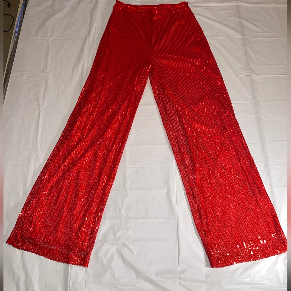Red Sequin Wide Leg Pants Glam Statement Piece